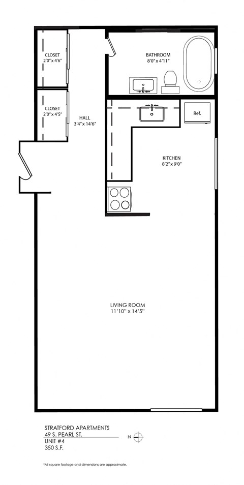 Floor plan for studio, 1 bath, 350 sqft